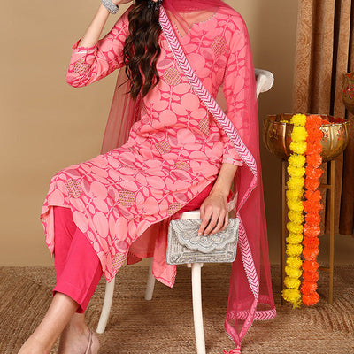 Pink Viscose Rayon Geometric Printed Straight Suit Set VKSKD1990
