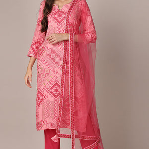 Pink Viscose Rayon Geometric Printed Straight Style Suit Set VKSKD1991
