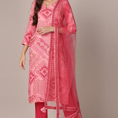 Pink Viscose Rayon Geometric Printed Straight Style Suit Set VKSKD1991