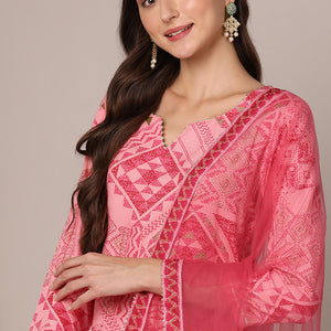 Pink Viscose Rayon Geometric Printed Straight Style Suit Set VKSKD1991