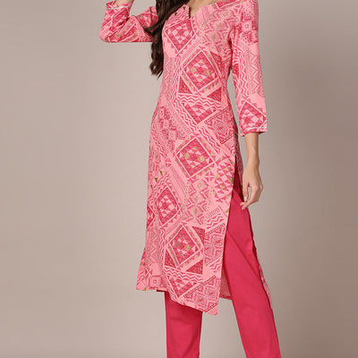 Pink Viscose Rayon Geometric Printed Straight Style Suit Set VKSKD1991