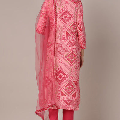 Pink Viscose Rayon Geometric Printed Straight Style Suit Set VKSKD1991