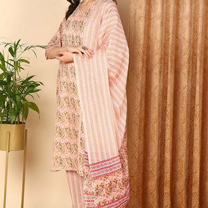 Plus Size Peach Pure Cotton Floral Printed Straight Suit Set VKSKD2007