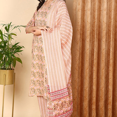 Plus Size Peach Pure Cotton Floral Printed Straight Suit Set VKSKD2007
