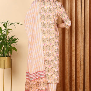 Plus Size Peach Pure Cotton Floral Printed Straight Suit Set VKSKD2007