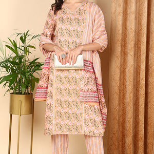 Plus Size Peach Pure Cotton Floral Printed Straight Suit Set VKSKD2007