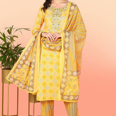 Yellow Pure Cotton Geometric Printed Yoke Design Suit Set VKSKD2012