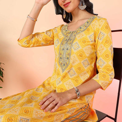 Yellow Pure Cotton Geometric Printed Yoke Design Suit Set VKSKD2012
