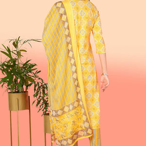 Yellow Pure Cotton Geometric Printed Yoke Design Suit Set VKSKD2012