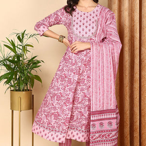 Pink Pure Cotton Floral Printed Yoke Design Suit Set VKSKD2017