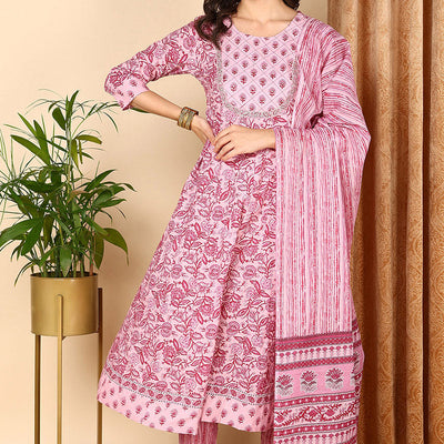 Pink Pure Cotton Floral Printed Yoke Design Suit Set VKSKD2017