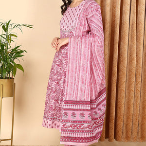 Pink Pure Cotton Floral Printed Yoke Design Suit Set VKSKD2017