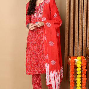 Red Pure Cotton Ethnic Motifs Embroidered Straight Suit Set VKSKD2057
