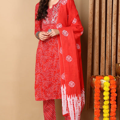 Red Pure Cotton Ethnic Motifs Embroidered Straight Suit Set VKSKD2057