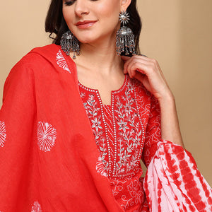 Red Pure Cotton Ethnic Motifs Embroidered Straight Suit Set VKSKD2057