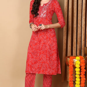 Red Pure Cotton Ethnic Motifs Embroidered Straight Suit Set VKSKD2057