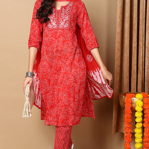 Red Pure Cotton Ethnic Motifs Embroidered Straight Suit Set VKSKD2057