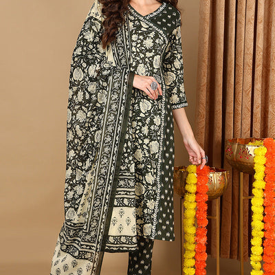 Green Pure Cotton Floral Printed Angrakha Style Suit Set VKSKD2085