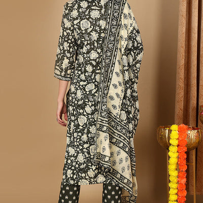 Green Pure Cotton Floral Printed Angrakha Style Suit Set VKSKD2085