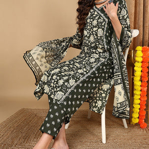 Green Pure Cotton Floral Printed Angrakha Style Suit Set VKSKD2085