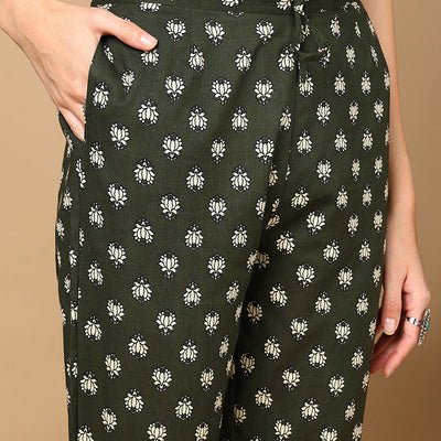 Green Pure Cotton Floral Printed Angrakha Style Suit Set VKSKD2085
