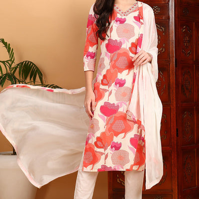 White Cotton Blend Floral Printed Straight Suit Set VKSKD2205