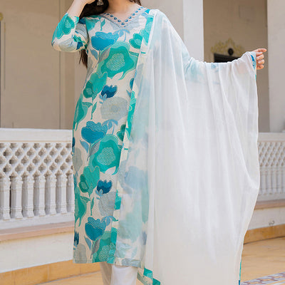 White Cotton Blend Floral Printed Straight Suit Set VKSKD2206
