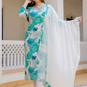 White Cotton Blend Floral Printed Straight Suit Set VKSKD2206