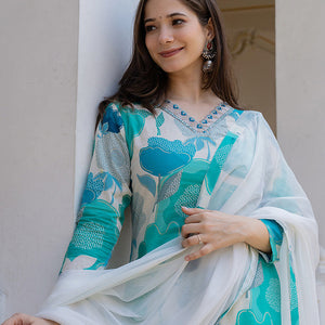 White Cotton Blend Floral Printed Straight Suit Set VKSKD2206