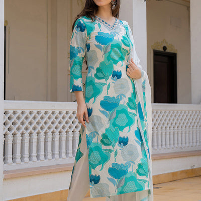 White Cotton Blend Floral Printed Straight Suit Set VKSKD2206