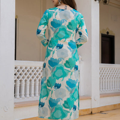 White Cotton Blend Floral Printed Straight Suit Set VKSKD2206