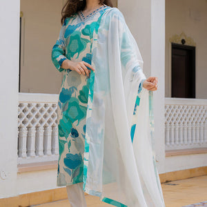 White Cotton Blend Floral Printed Straight Suit Set VKSKD2206