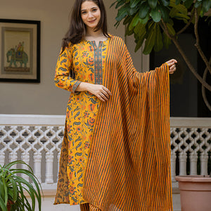 Yellow Rayon Blend Floral Printed Straight Trouser Suit Set VKSKD2256