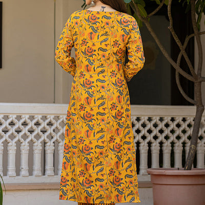 Yellow Rayon Blend Floral Printed Straight Trouser Suit Set VKSKD2256