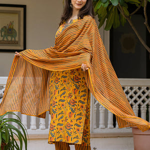 Yellow Rayon Blend Floral Printed Straight Trouser Suit Set VKSKD2256