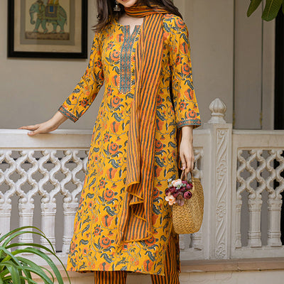 Yellow Rayon Blend Floral Printed Straight Trouser Suit Set VKSKD2256