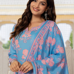 Blue Rayon Blend Floral Printed Straight Trouser Suit Set VKSKD2261