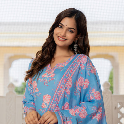 Blue Rayon Blend Floral Printed Straight Trouser Suit Set VKSKD2261