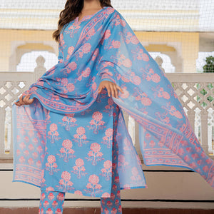 Blue Rayon Blend Floral Printed Straight Trouser Suit Set VKSKD2261
