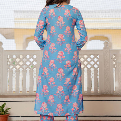 Blue Rayon Blend Floral Printed Straight Trouser Suit Set VKSKD2261
