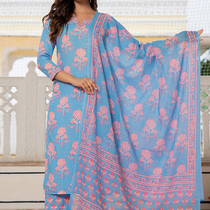 Blue Rayon Blend Floral Printed Straight Trouser Suit Set VKSKD2261