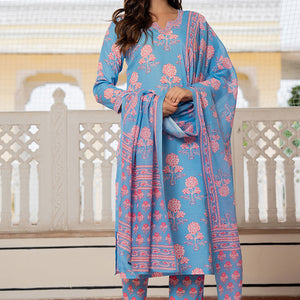 Blue Rayon Blend Floral Printed Straight Trouser Suit Set VKSKD2261