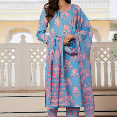 Blue Rayon Blend Floral Printed Straight Trouser Suit Set VKSKD2261
