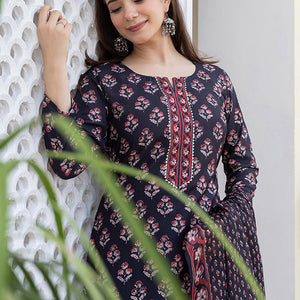 Black Rayon Blend Floral Printed Straight Trouser Bottom Suit Set VKSKD2271