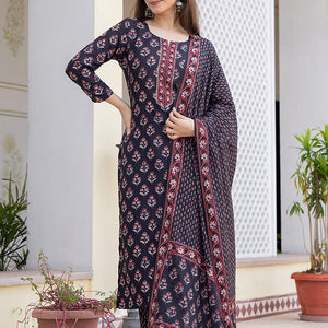 Black Rayon Blend Floral Printed Straight Trouser Bottom Suit Set VKSKD2271