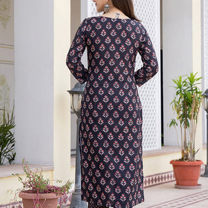 Black Rayon Blend Floral Printed Straight Trouser Bottom Suit Set VKSKD2271