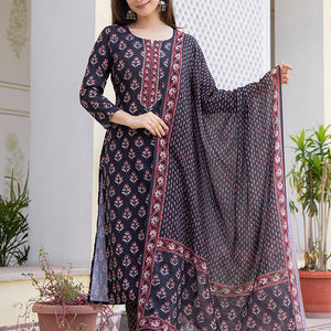 Black Rayon Blend Floral Printed Straight Trouser Bottom Suit Set VKSKD2271