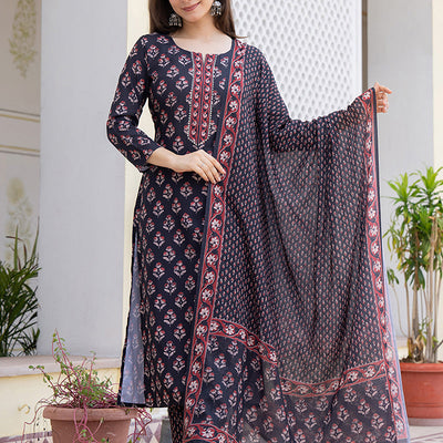 Black Rayon Blend Floral Printed Straight Trouser Bottom Suit Set VKSKD2271