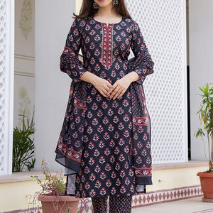 Black Rayon Blend Floral Printed Straight Trouser Bottom Suit Set VKSKD2271