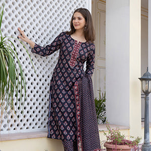 Black Rayon Blend Floral Printed Straight Trouser Bottom Suit Set VKSKD2271